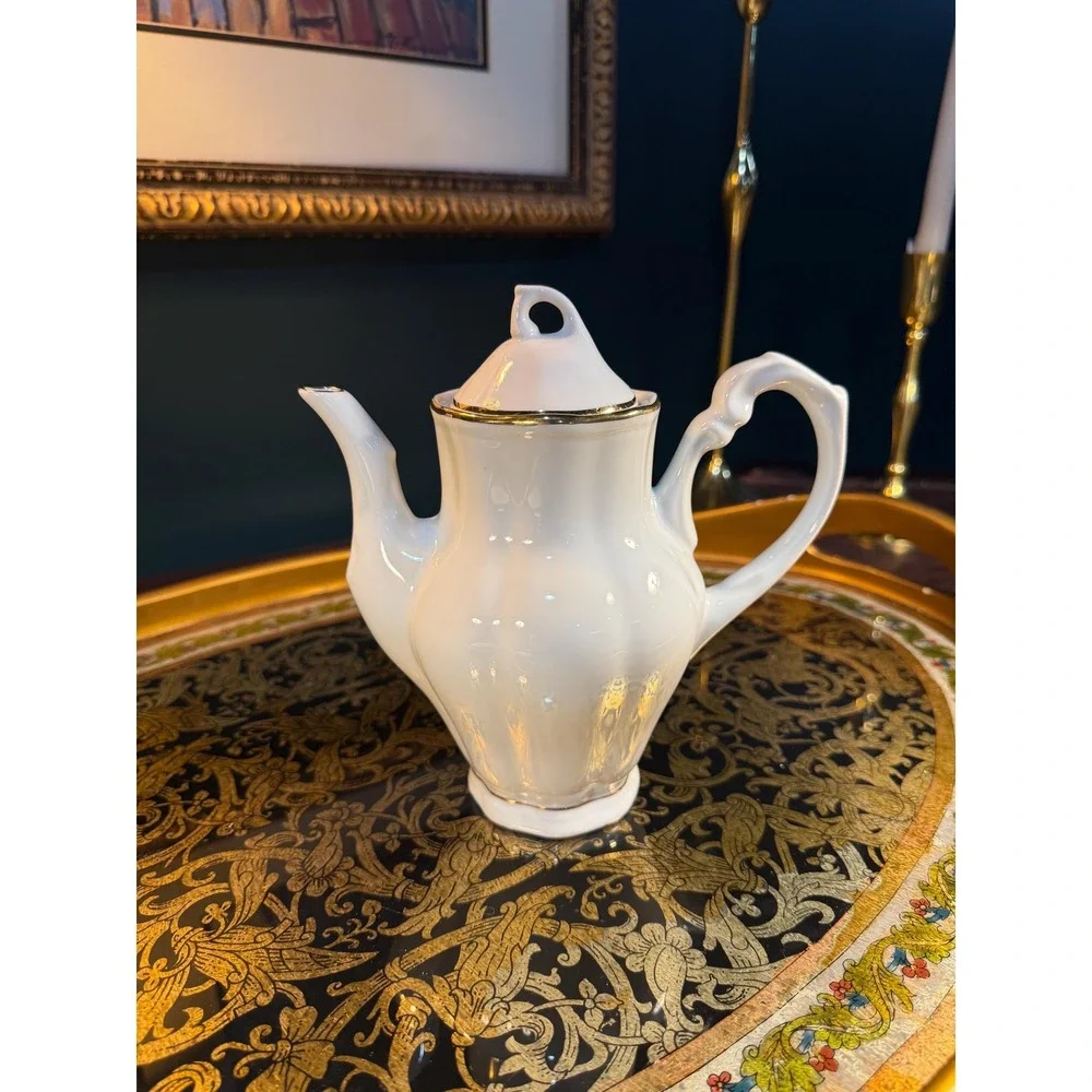 Vintage Europa Porcelain‎ Teapot: White with Gold Trim, Made in Poland